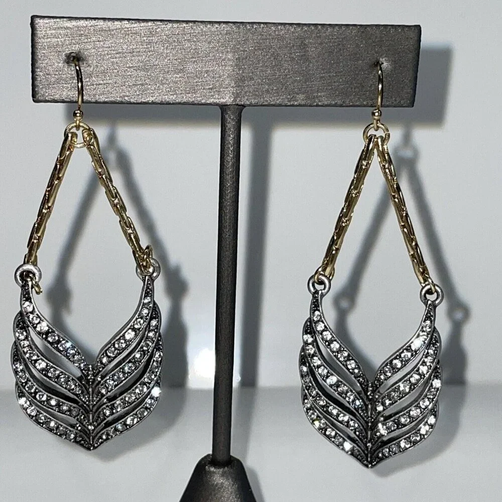 Feather Earrings Silver & Gold Tone Crystal Long Drop Statement Signed ls A246‎